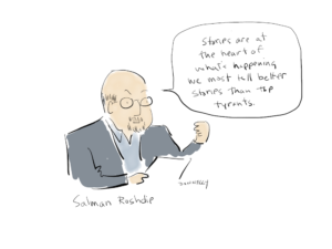 drawing of Salman Rushie at the 2022 World Voices Festival