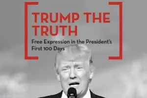 Black and white image of a person speaking at a microphone. Red text above reads, TRUMP THE TRUTH, with smaller text below: Unveiling Free Expression in President Trumps First 100 Days.