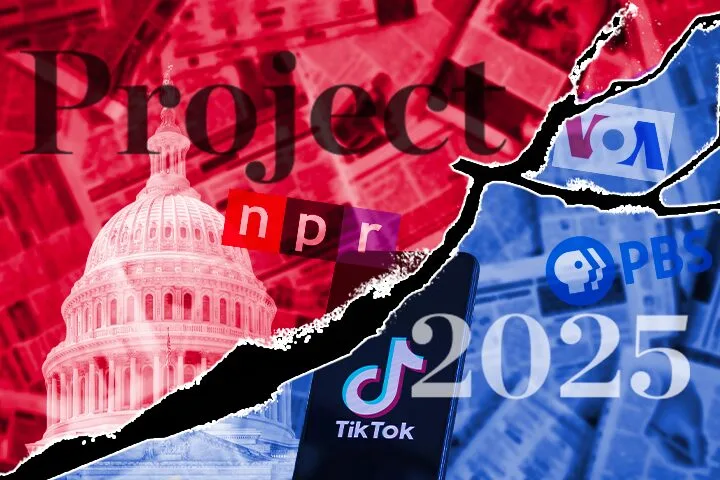 A collage featuring a red-tinted Capitol dome, Project 2025 text, and logos of NPR, VOA, PBS, and TikTok against a backdrop of newspapers. The image is divided diagonally with contrasting blue and red sections.