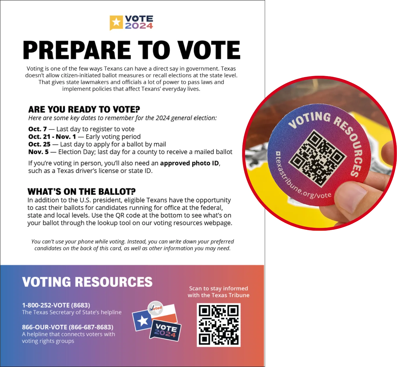 A flyer titled Prepare to Vote with information about voter registration for the 2024 general election in Texas. It includes important dates, a QR code for voting resources, and contact details for voter assistance.