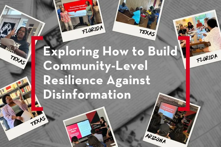 Collage titled Exploring How to Build Community-Level Resilience Against Disinformation with images of events in Texas, Florida, and Arizona. Each photo shows people gathered for discussions or presentations on the topic.