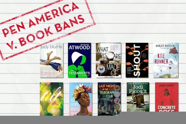 Ten book covers are displayed in two rows under a red “PEN AMERICA V. BOOK BANS” stamp. The books include titles by Judy Blume, Margaret Atwood, Angie Thomas, and others.