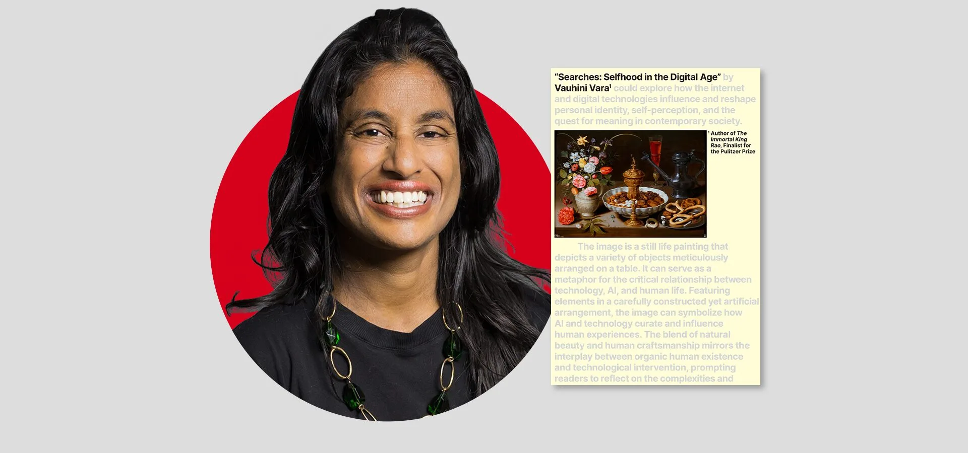 A person with long dark hair smiling, wearing a black top and necklace, is set against a red circular background. To the right, theres a text excerpt with a small image showing an assortment of objects on a tabletop.