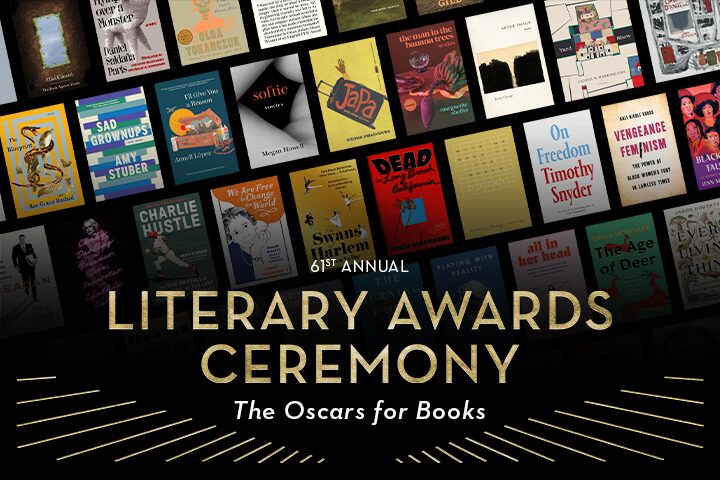 A collage of book covers with gold and white text below reading 61st Annual Literary Awards Ceremony: The Oscars for Books against a black background with gold lines.