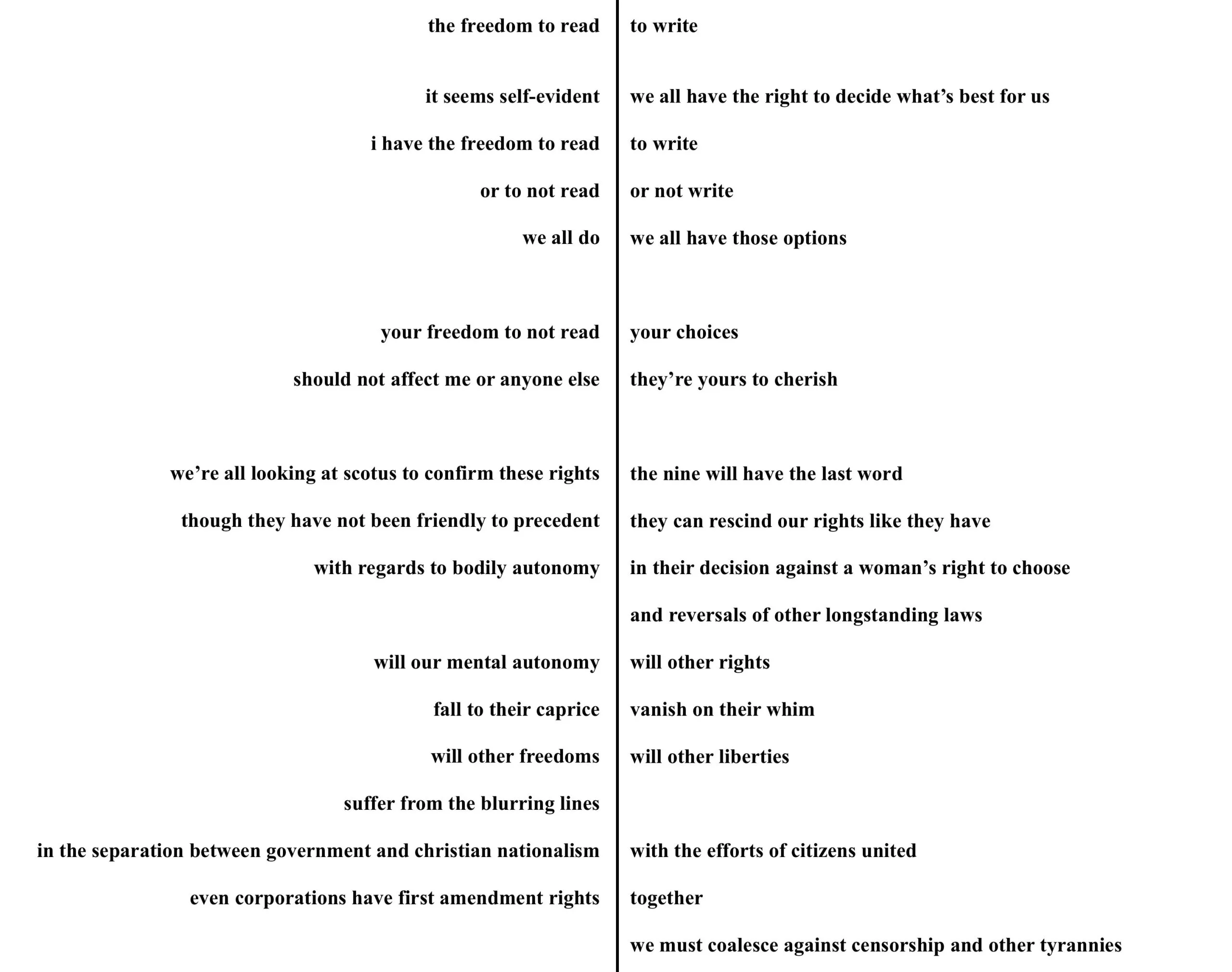 A black-and-white image featuring two columns of text. The left side argues for freedom to read and personal choice, while the right side warns of losing rights, especially regarding autonomy, if those freedoms are not protected.